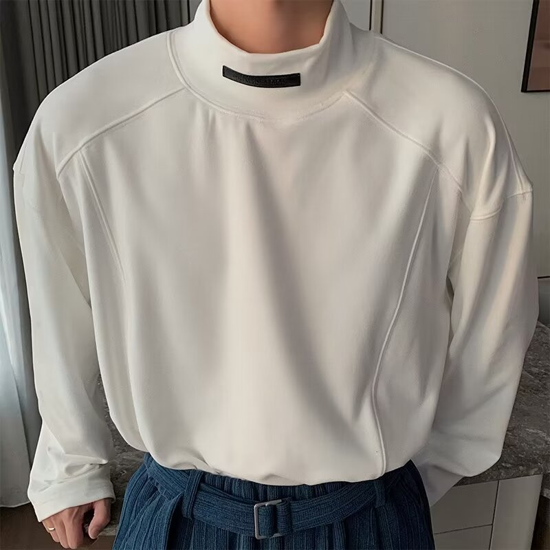 가을과 겨울 따뜻한 양면 벨벳 하프 하이 칼라베이스 셔츠 남성용 단색 올 매치 긴 소매 티셔츠 올 매치 가을 탑