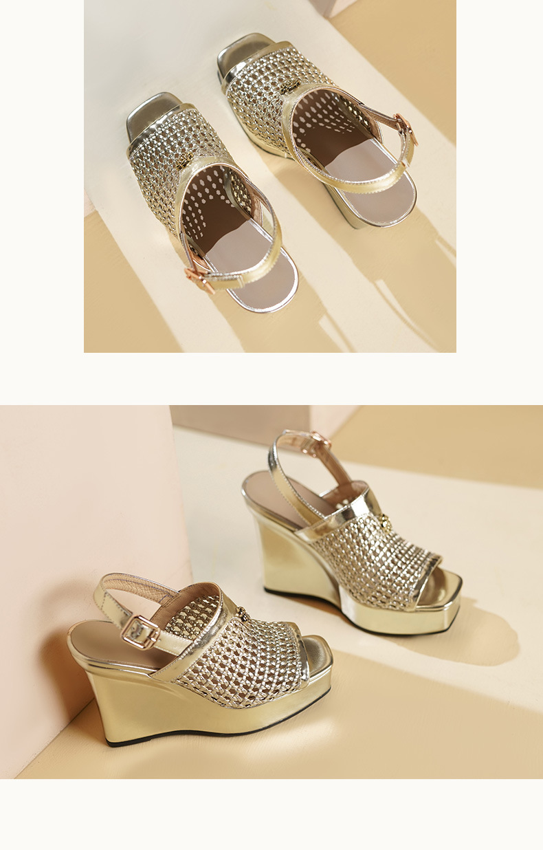 Sandal cao gót nữ đế xuồng chống nước, mũi hở kiểu miệng cá, da thật đan dệt, gót 9 cm — vàng, bạc chi tiết 7