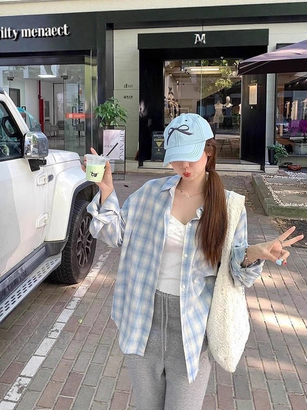 美式复古蓝色格子衬衫外套女2025秋季新款别致宽松休闲防晒衬衣潮|undefined