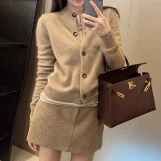 秋冬100%纯羊毛衫圆领针织开衫女秋季纽扣毛衣外套百搭上衣长袖