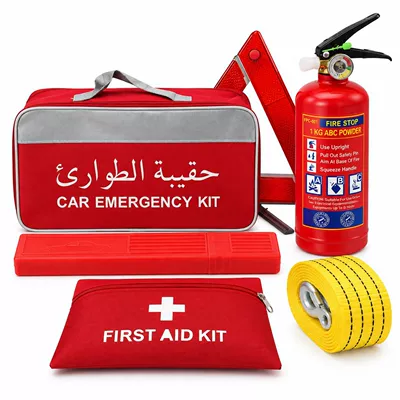 Car emergency kit for export, customizable with a logo, including a car fire extinguisher, a triangular stand, a tow rope, and a first-aid kit (Kempinq və səyahət) - 5-piece-set-customizable