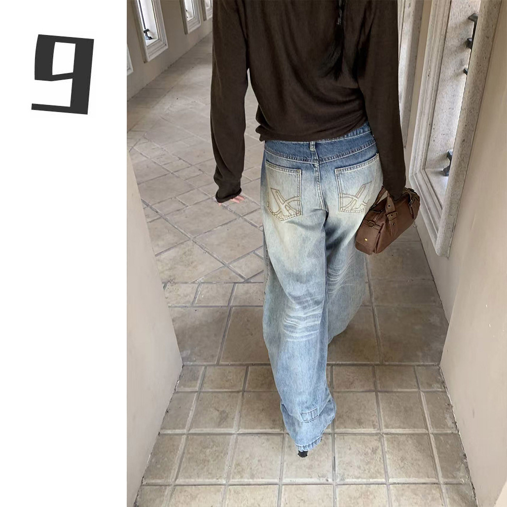 [9Hour] American Style Personalized Serrated Scimitar Jeans for Women 2025 Autum Loose and Versatile Wide-Leg Pants for Women 0261