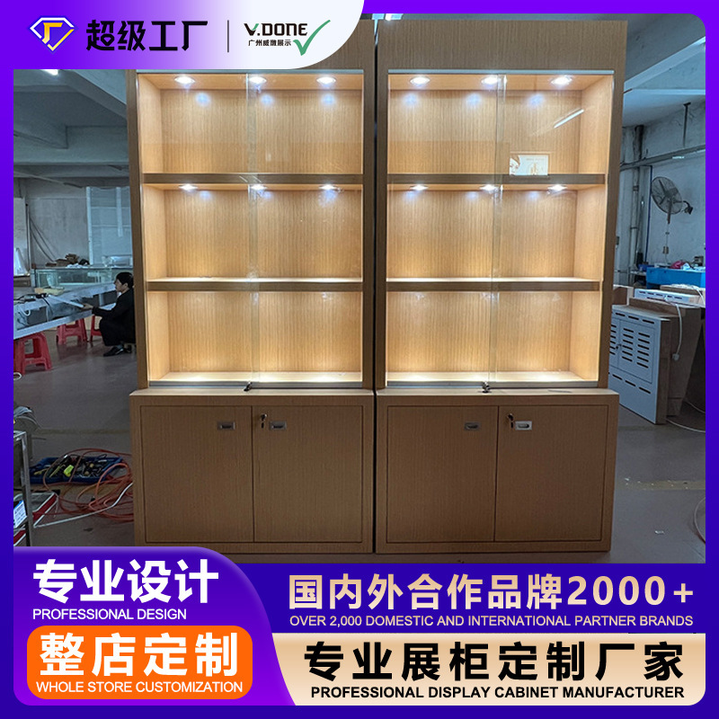 Weidun Customized Commercial Glass Display Cabinet Wooden Vertical Display Cabinet Led Illuminated Store Product Display Cabinet