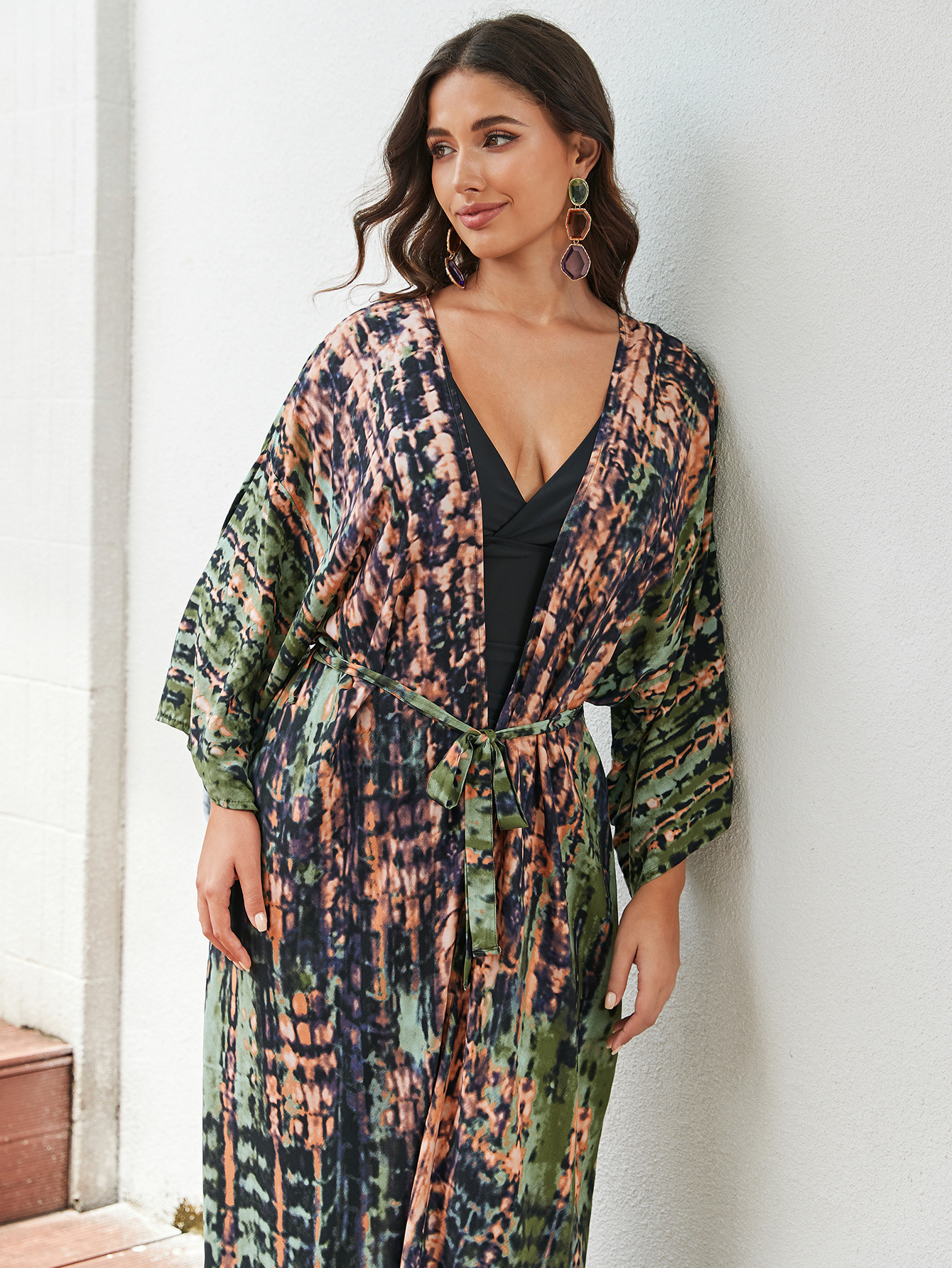 European And American Rayon Water Print Beach Cover up Sexy Loose Cardigan Swimsuit Bikini for Women_ecoleips.com