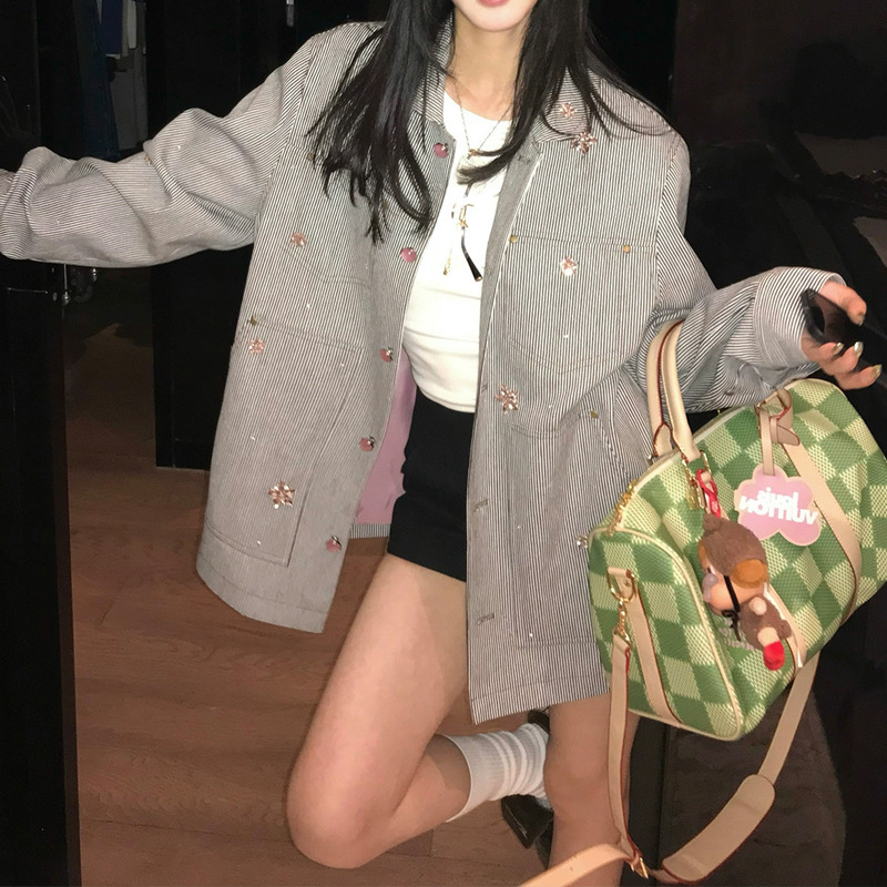 槿一水钻条纹牛仔外套女秋季新款设计感小众宽松复古翻领夹克2025|undefined