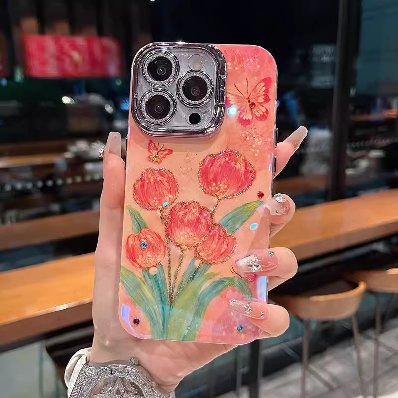 Hermosa pintura al óleo in tulipán mariposa para iPhone15 niña 16ProMax Apple 14/13 funda para teléfono móvil