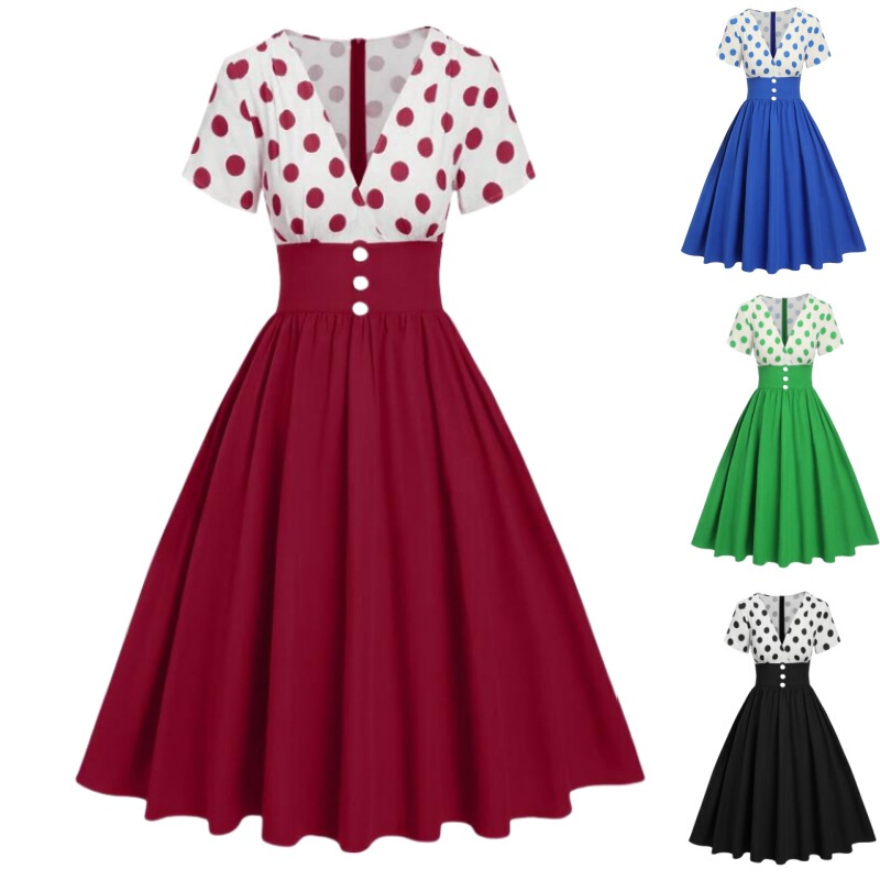 Factory supply a large number of in stock cross-border foreign trade hot party leisure fashion elegant wave point splicing dress