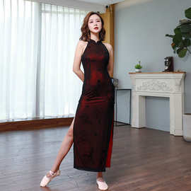 无袖旗袍式舞台表演练功服 手工烫钻送黑色莫代尔打底裤古典舞服