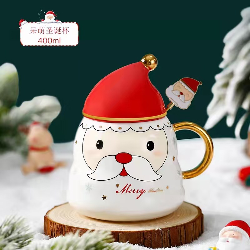 Creativo Navidad sombrero regalo taza de oro mango ancianos personalidad cerámica café con tapa cuchara Estilo nórdico agua