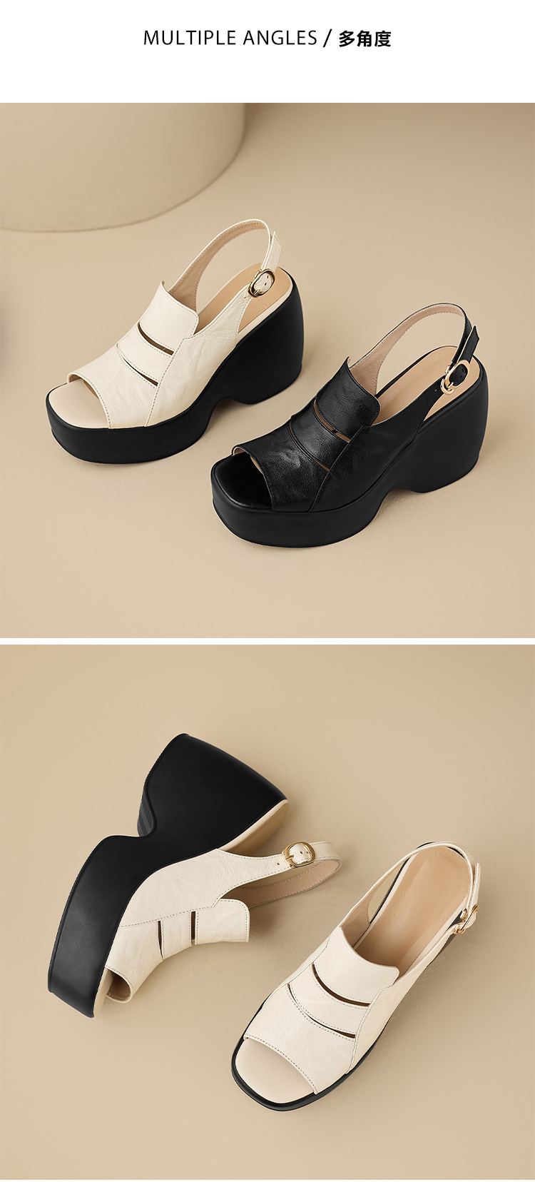 Sandal cao gót nữ đế xuồng mũi hở da cừu — màu đen, màu trắng ngà chi tiết 12