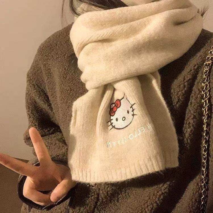新款百搭可爱小猫毛线围脖女冬季加厚保暖日系仿羊毛亲肤针织围巾|undefined