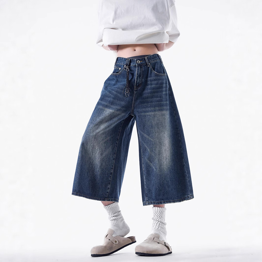 Camisas y ropa, estilo fino de verano americano, spot transfronterizo al por mayor, pantalones de mezclilla recortados holgados de pierna ancha lavados retro