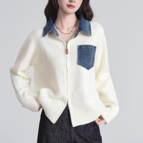 Jeans empalmado con la solapa de punto Cardigan de mujer otoño nuevo falso dos piezas con cremallera adelgazante abrigo de suéter casual universal