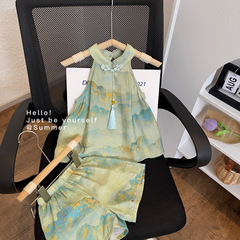 小女孩漢服套裝2024夏季新款女寶寶洋氣時髦夏裝中國風旗袍兩件套