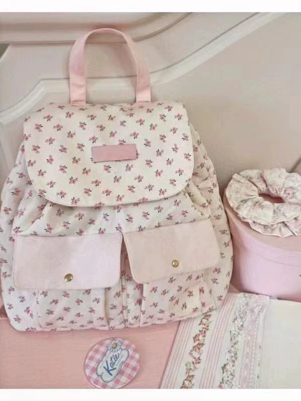 Cute Floral Backpack, Lightweight Pink Canvas Style, Small Daypack