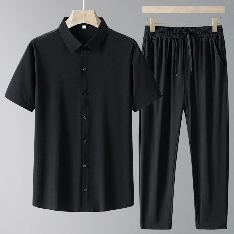 Nuevo traje de verano para hombre, seda de hielo para hombre, ropa de mangas cortas para hombre, camisa de verano para adultos mayores.