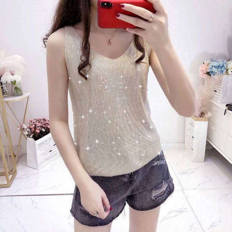 2021 New Women's Ice Silk Diamond Camisole Vest Women's Summer Loose Short T-shirt Sleeveless All-match V-neck Base Shirt