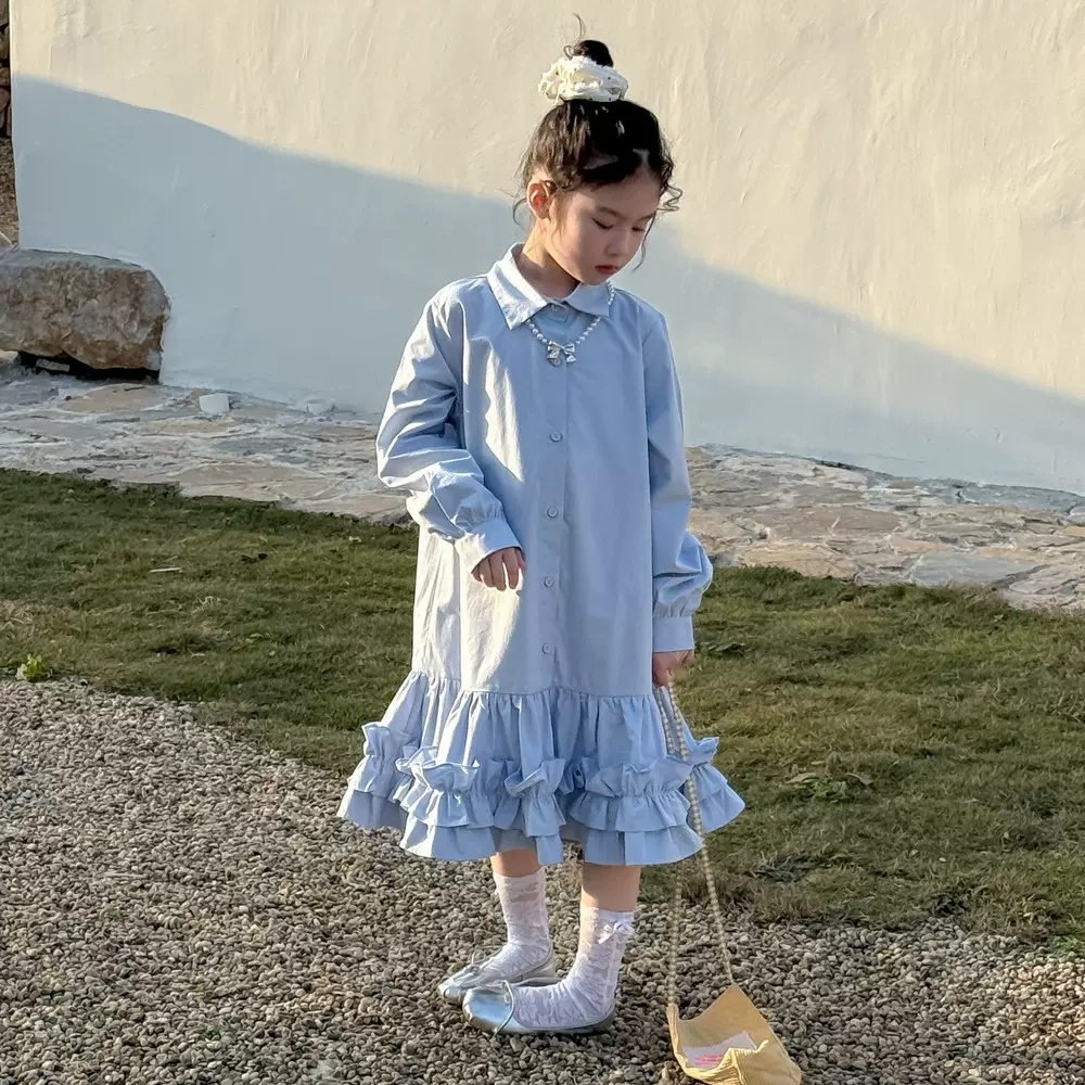 童裙2025春款女宝宝韩版花边衬衫领连衣裙儿童休闲洋气长裙末小蒙