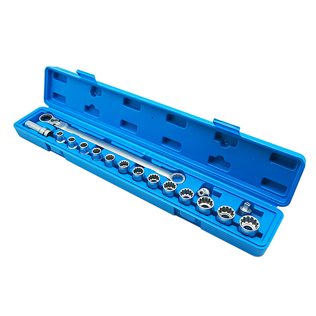 17-Piece Set of Multi-Functional Ratchet Sockets with Toothed Core Sockets, 12-Point Perforated Socket Removal Tool