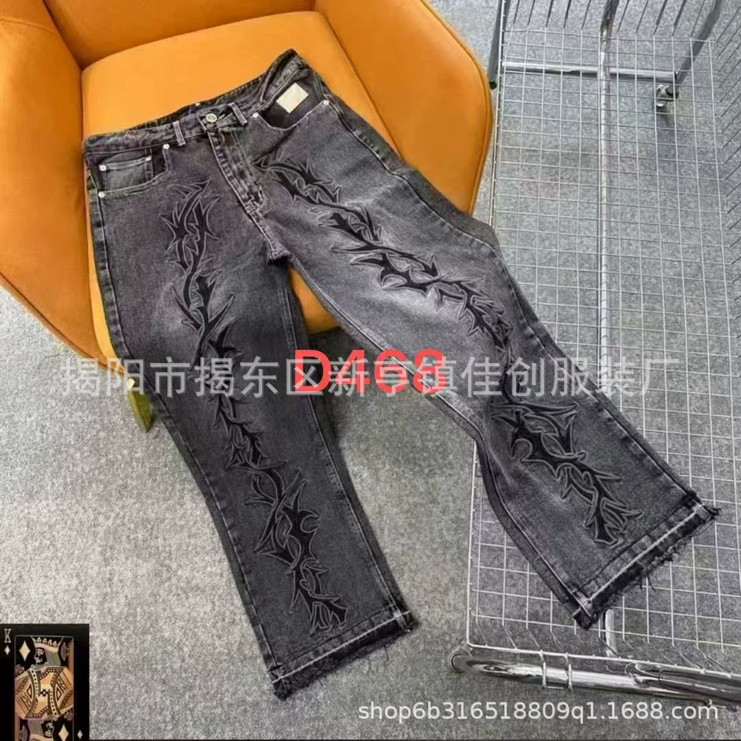 Модные модные брендовые потертые винтажные черные джинсовые прямые брюки в японском стиле, модные свободные длинные брюки в японском стиле