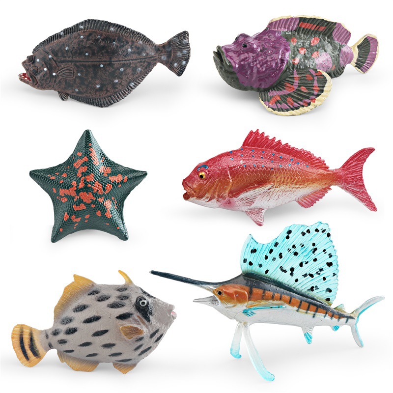 跨境仿真海洋动物模型沙鯭鱼海星红鲷鱼石头鱼比目鱼旗鱼摆件玩具