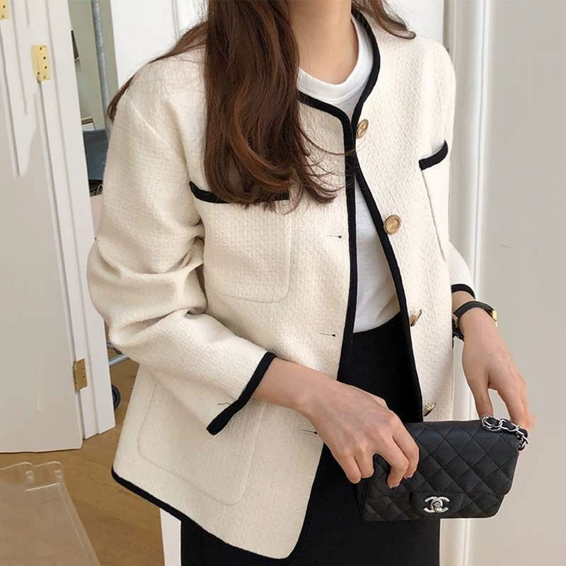 Демисезонная куртка с лентой и круглым воротником,coat, корейский стиль, стиль Chanel, свободный крой