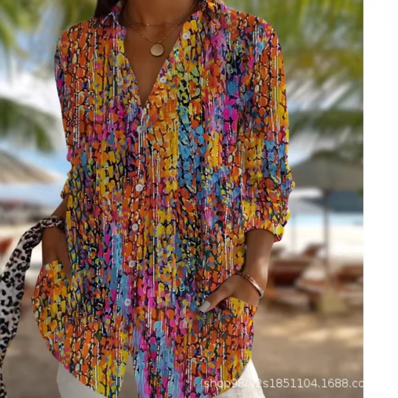New 2025 Women's Long Shirt, Summer European and American Trendy Long-Sleeve Shirt with Printed Patterns, 3D Printed Shirt