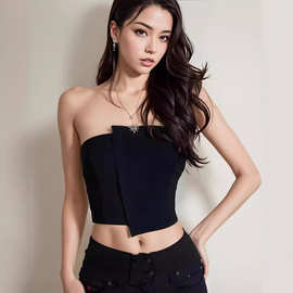 2024新款美式港风露背性感黑色抹胸女春夏气质内搭上衣背心超短款