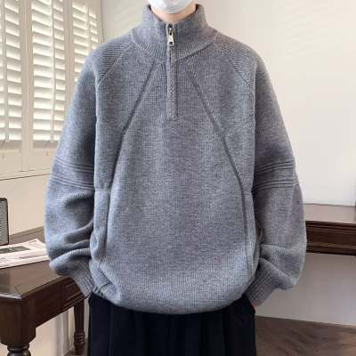American retro half-zip sweater for men, autumn and winter deconstructed patchwork boxy knit top with ribbed stand collar American retro half-zip sweater for men, autumn and winter deconstructed patchwork boxy knit top with ribbed stand collar