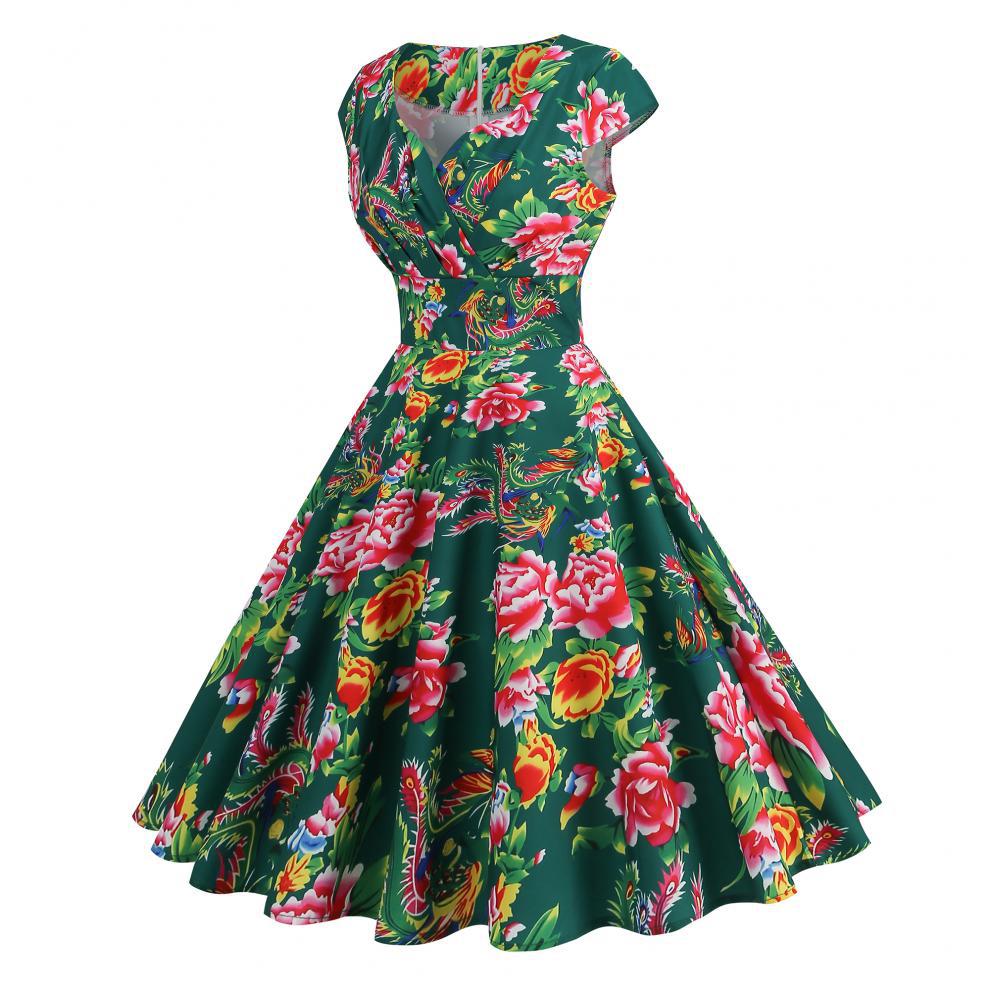 Robe amincissante à imprimé floral rétro et col en V pour femme – Robe d'été élégante mi-longue à manches courtes_voghion.com