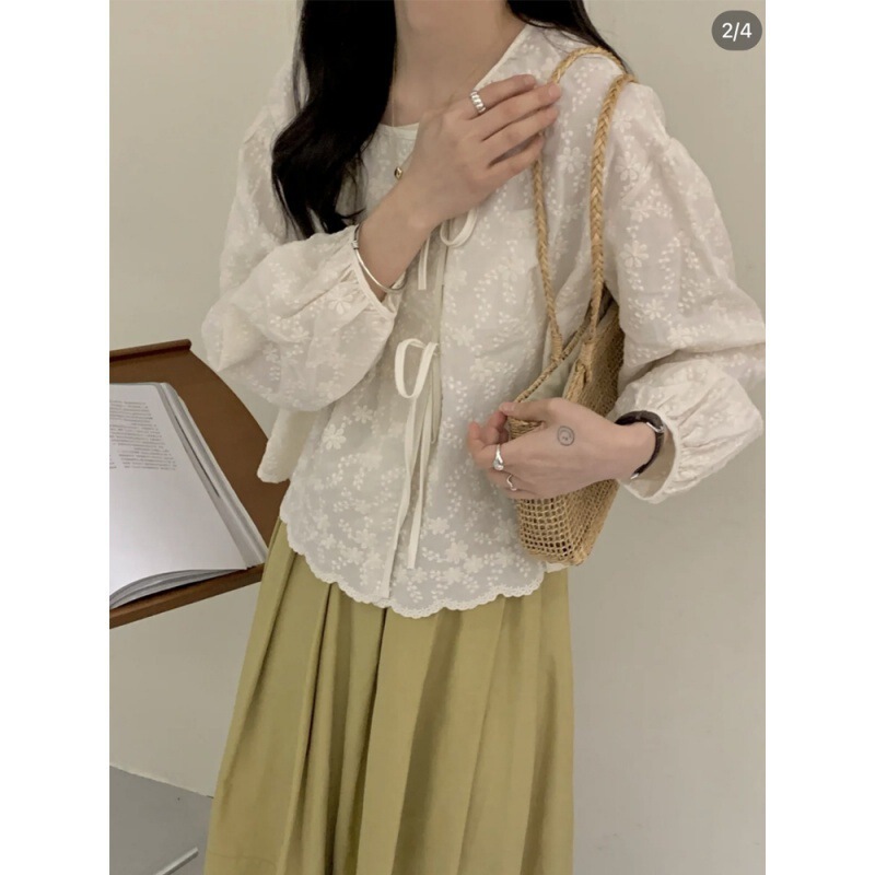 New Women's Tie-Neck Round-Neck Shirt, Dongdaemun Lace Embroidery, Autumn Long-Sleeve French Floral Style
