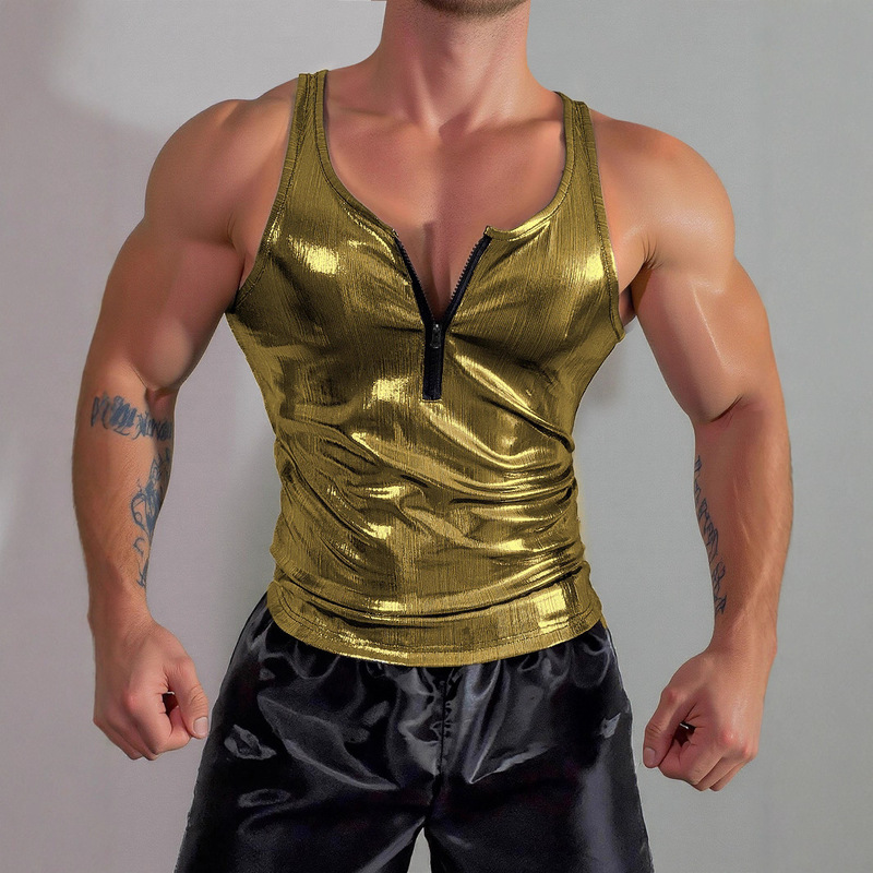2025 New American Sexy Fitness Sports Sleeveless Zipper Waist Sports Glossy Patent Leather Vest Stretch Men's Clothing 2025 New American Sexy Fitness Sports Sleeveless Zipper Waist Sports Glossy Patent Leather Vest Stretch Men's Clothing