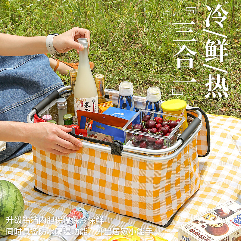 Cesta de picnic aislada para viajes transfronterizos, nevera portátil plegable para exteriores, bolsa de almacenamiento para picnic con conservación de alimentos para camping