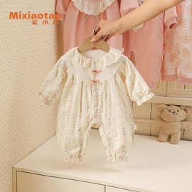 秋款双层女宝娃娃领公主连体衣哈衣宝宝婴儿儿童衣服爬服