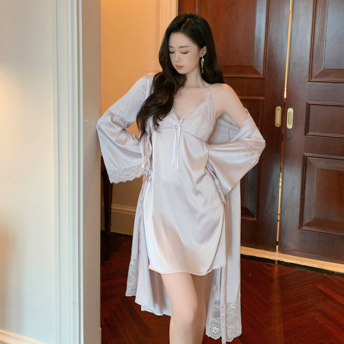 French new sexy suspender nightgown, spring, autumn and summer elegant ice silk French fairy dressing gown home wear two-piece set
