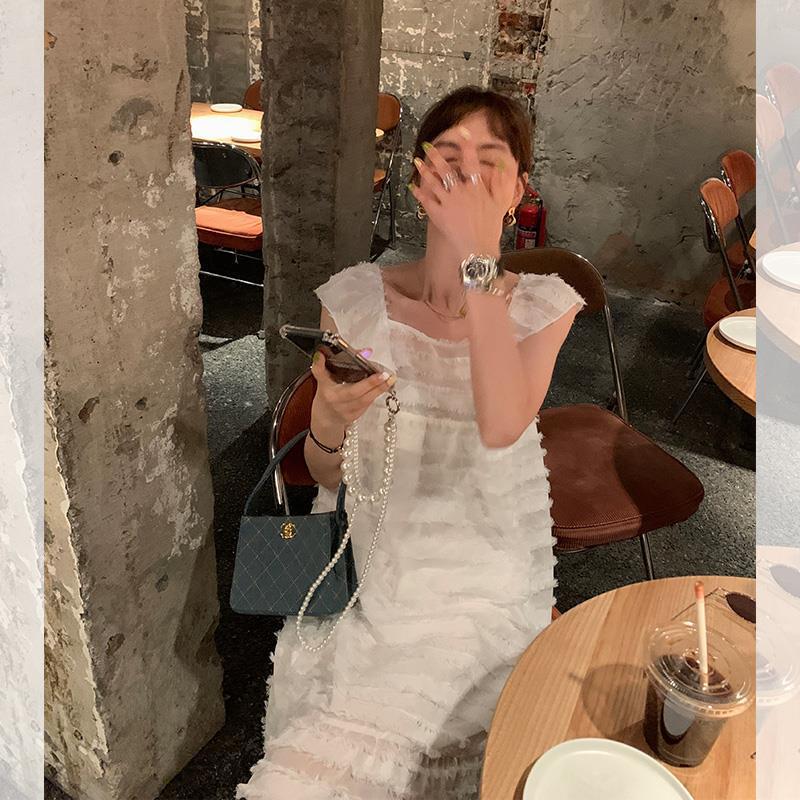 [13] Tassel lace dress design sense niche summer loose slim fashion square collar Super fairy dress