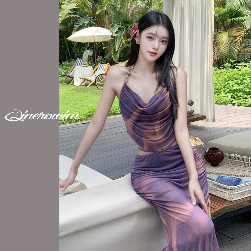 Бикини купальник из трех частей длинная юбка модная краска с завязками