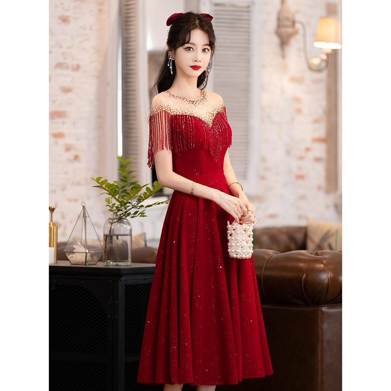 Vestido de novia color burdeos para primavera, para novias de talla pequeña, vestido de compromiso transfronterizo, vestido de noche para mujer.