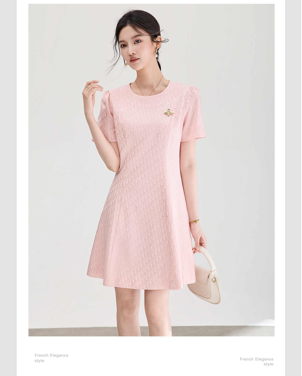 Đầm ngắn tay thắt eo jacquard kiểu dáng thanh lịch mùa hè — màu hồng chi tiết 8