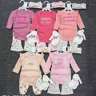 New Cross-Border Wholesale Baby Girl Long-Sleeved Lace Sleeves Newborn Four-Piece Doll Crawling Suit Letter Embroidery