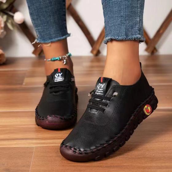 Foreign trade real soft leather single-layer shoes comfortable flat lace-up mom shoes wide fat feet tendon bottom soft bottom soft surface middle-aged plus size