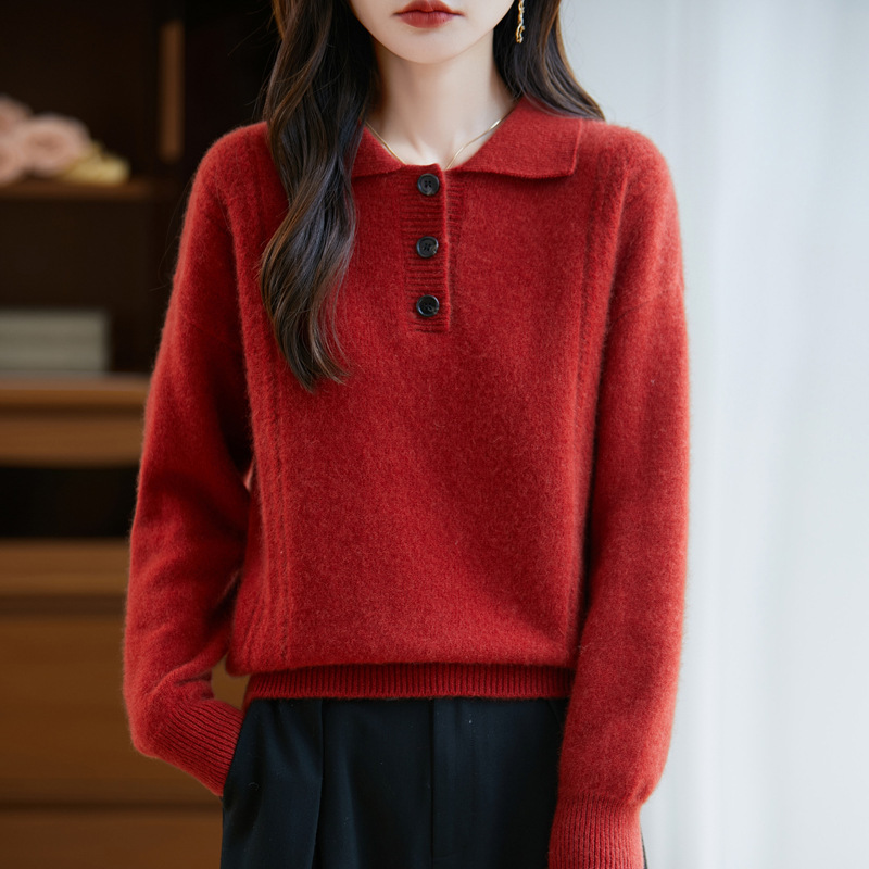 100%纯羊毛2025秋冬新女宽松POLO翻领纯色短款打底上衣针织衫毛衣|undefined