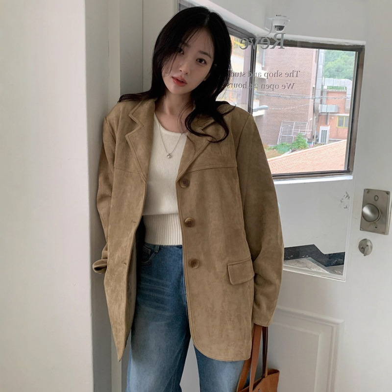 韩国ins秋冬新品美式复古咖色鹿皮绒西装外套美拉德长袖西服女|undefined