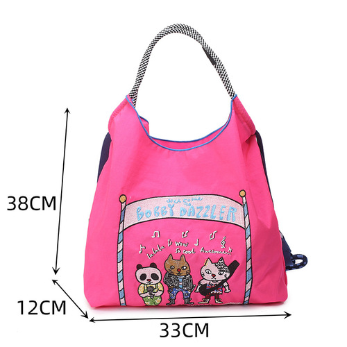 New large-capacity three cats tote bag, cartoon Japanese embroidery environmentally friendly handbag, casual and convenient shoulder bag
