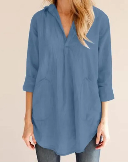 Women's Clothing Amazon Autumn V-Neck Plus-Size Solid Color Shirt Top Blouse Japanese and Korean Casual Style Long-Sleeve Comfortable Casual Wear