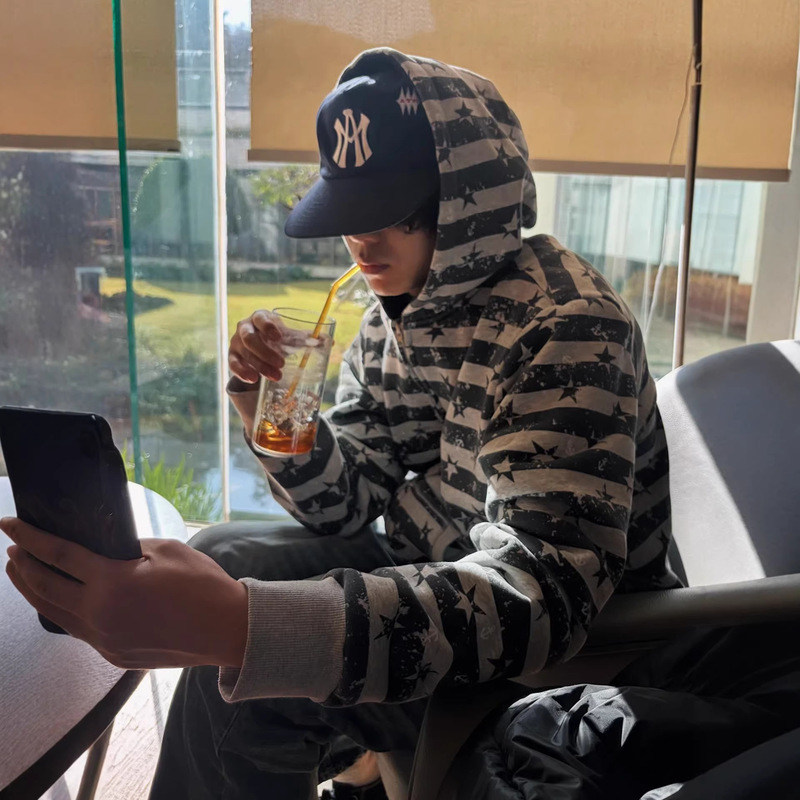 Star-Striped Color-Block Cardigan Hooded Sweatshirt Jacket for Men, American-Style Trendy Brand Design, Full-Print Zip-Up Jacket for Spring