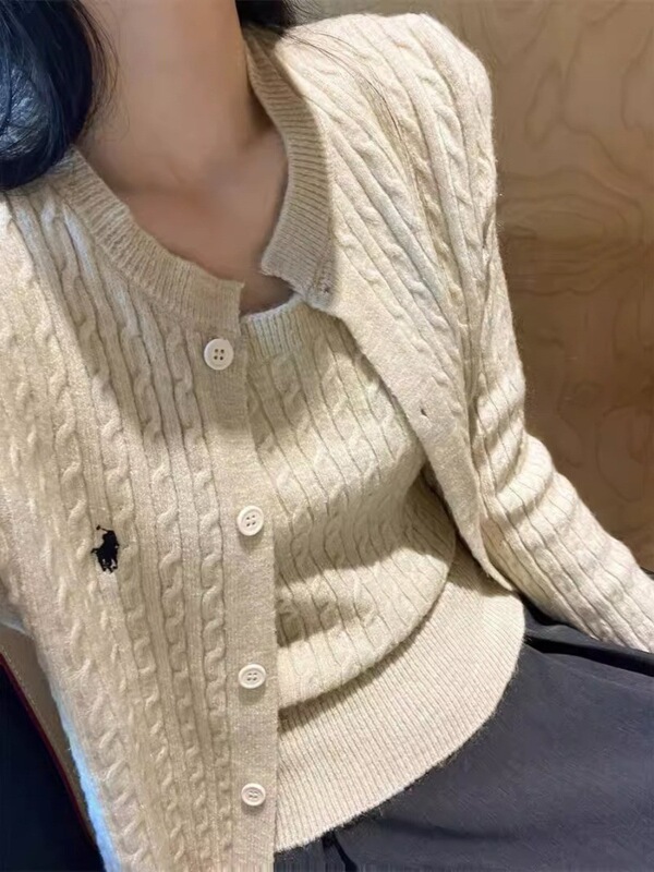 韩系温柔针织开衫两件套套装女春秋外穿百搭设计感麻花毛衣外套|undefined
