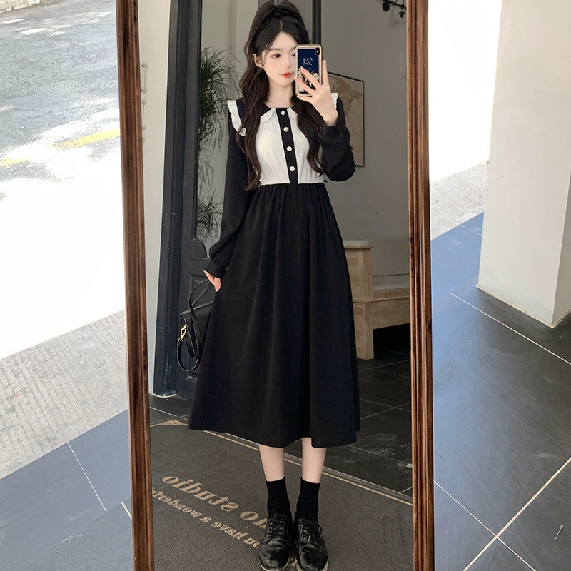 Оптовая продажа весны и осени в корейском стиле, самая популярная для сочетания дизайна, контрастного цвета, женское платье 2025 года, новое модное и клетчатое длинное платье