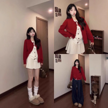 针织开衫穿搭圆领蝴蝶结红色外套女款2025新款秋冬季毛衣软糯针织