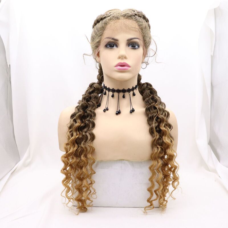 Daily whole wig hand-woven front lace chemical fiber headgear split gradient double ponytail long curly hair a generation of hair